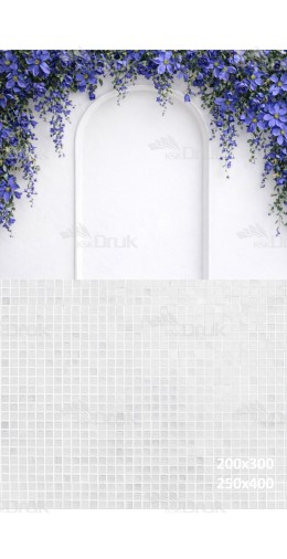 Tło fotograficzne „Biały łuk z niebieskimi kwiatami i jasną posadzką” | 3783